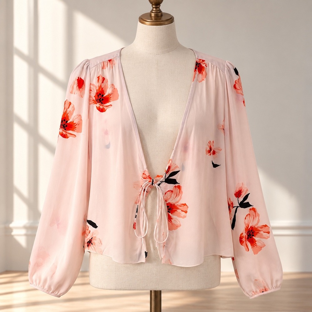Wilfred Aritzia Tia Floral Blouse Small Sheer Tie Front Balloon Sleeve Romantic
